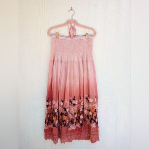 Sacred Threads Pink Floral Embroidered Smocked Sundress Boho Festival One Size
